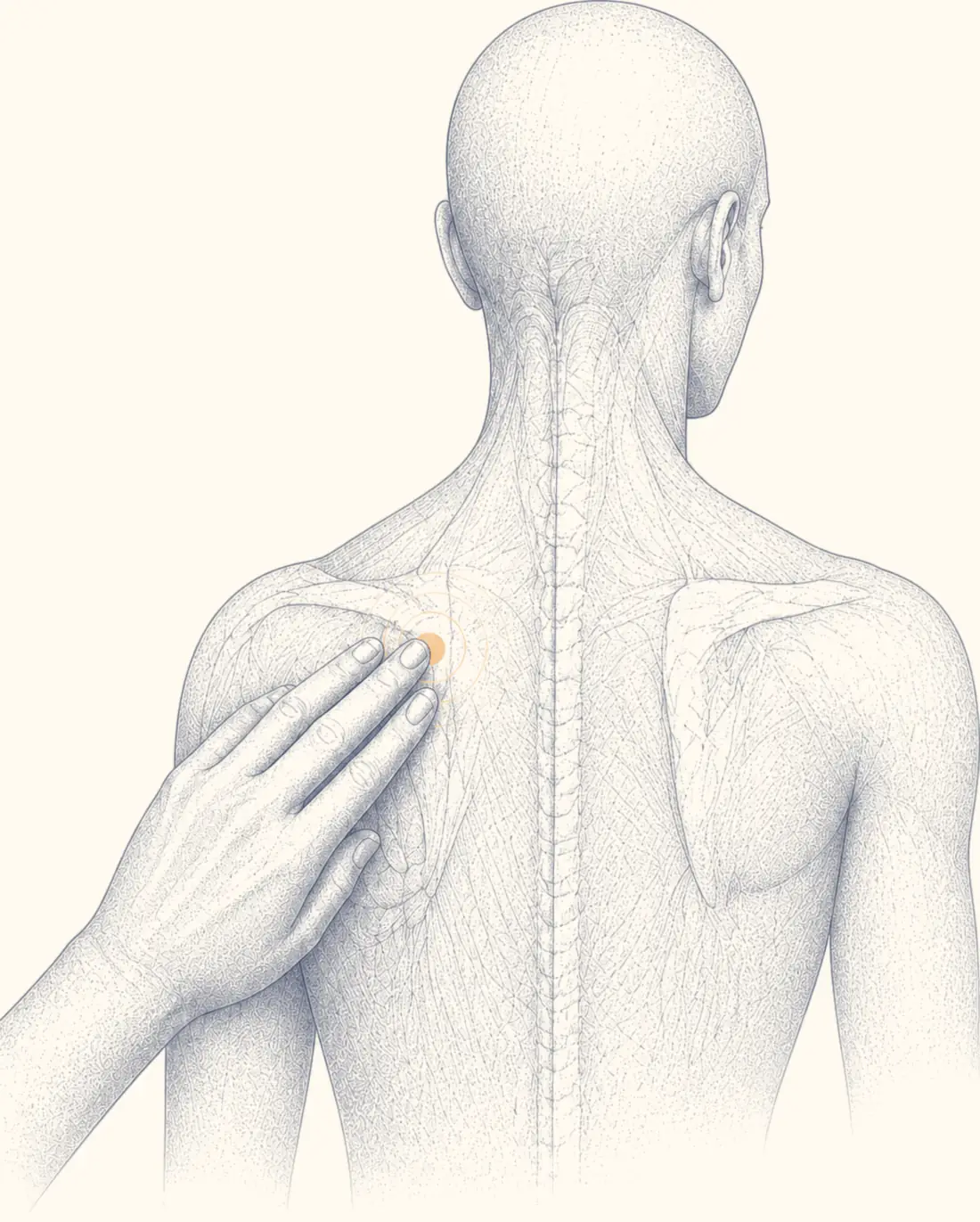 Ilustración de una mano que palpa la escápula sobre una lámina de la espalda